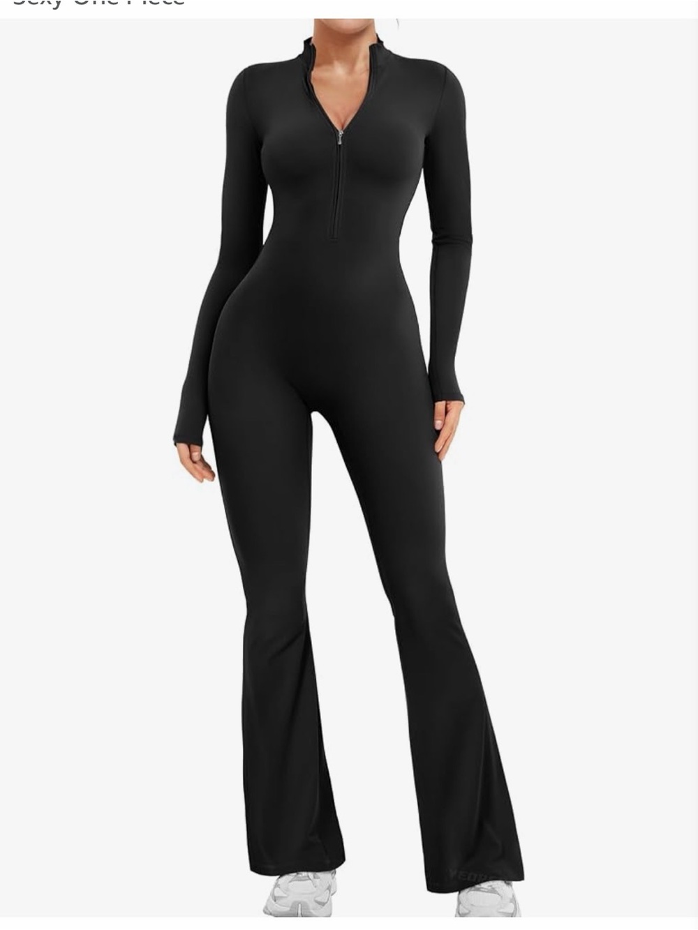 Black Long-Sleeve Zip-Front Flare Jumpsuit